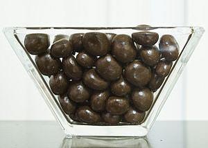 English: A jar of coffee-covered chocolate beans